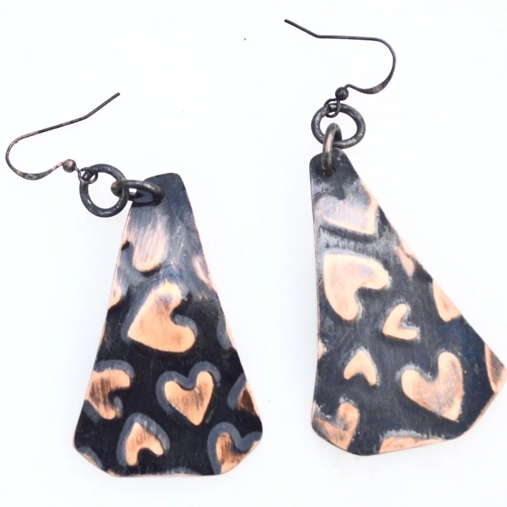 Heart Hearts Solid Copper Embossed Patina Earrings